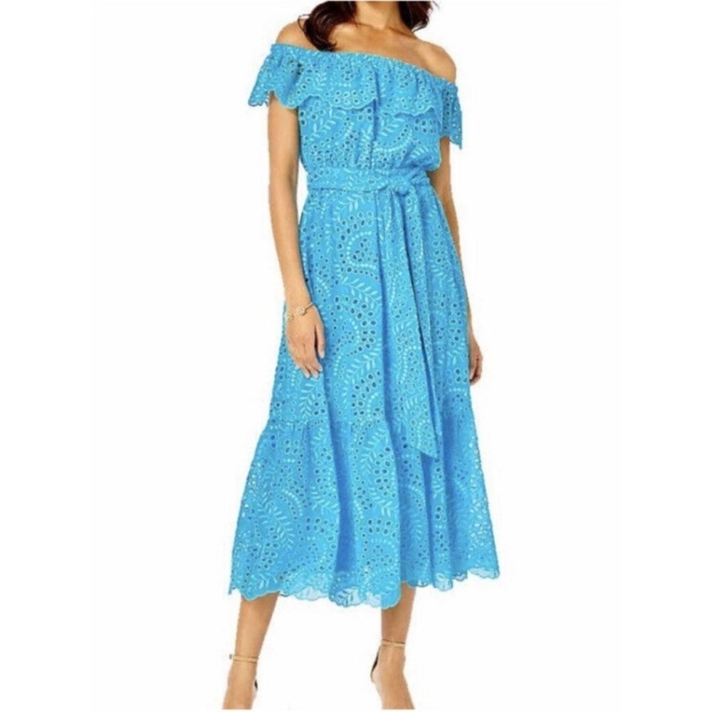 Lilly Pulitzer Geri Off Shoulder Dress Seabreeze Blue Eyelet Size Small
